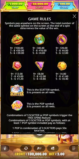Gates of Olympus POP — symbol paytable and game rules