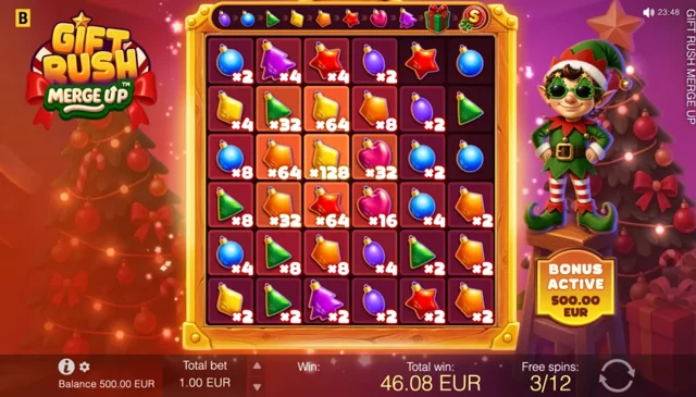Gift Rush Merge Up official Free Spins grid with persistent cell multipliers