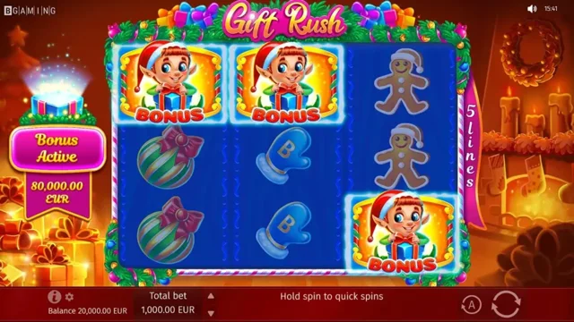 Gift Rush: official reel arrangement with festive Bonus symbols.