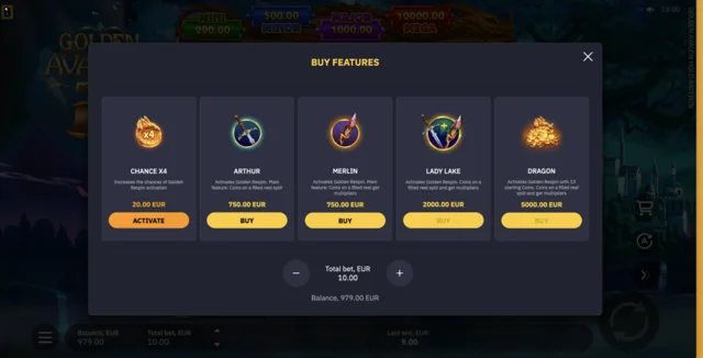 Golden Avalon Hold And Win: official feature purchase menu.