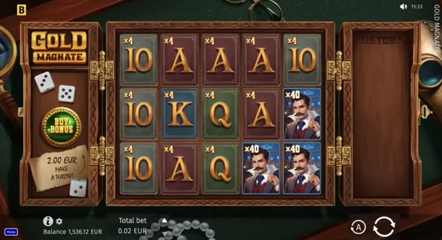 Gold Magnate: official London-club reel board and history panel.
