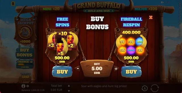 Grand Buffalo Hold And Win: official feature purchase menu.