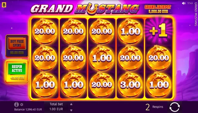 Grand Mustang: official Gold Respin board with a Plus Spin symbol.