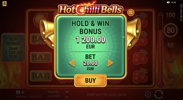 Hot Chilli Bells: official Hold and Win purchase confirmation.