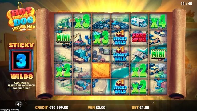 Hot Diggity Dog Fortune Map: Fortune Map™ illustrated by the studio. Example amounts are not our gambling results.