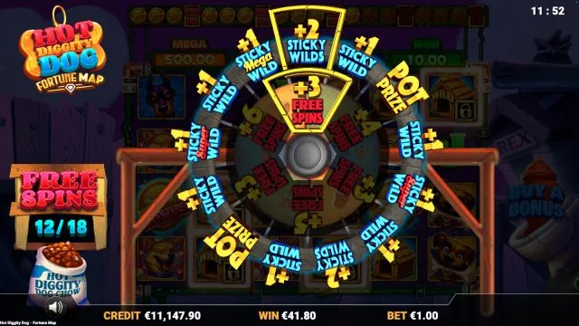 Hot Diggity Dog Fortune Map: Free Spins illustrated by the studio. Example amounts are not our gambling results.