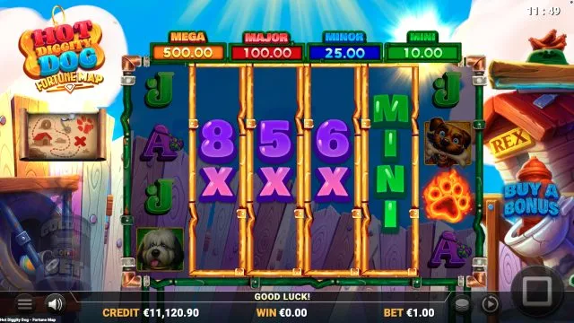 Hot Diggity Dog Fortune Map: Hot Dog Mystery Prize illustrated by the studio. Example amounts are not our gambling results.