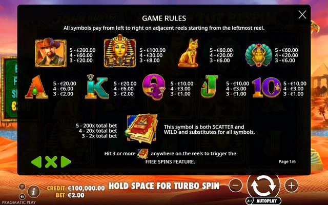 John Hunter and the Book of Tut Respin — symbol paytable and game rules
