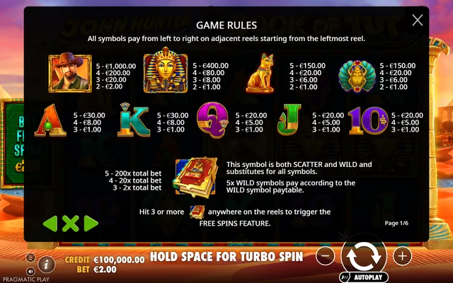 John Hunter and the book of Tut — symbol paytable and game rules