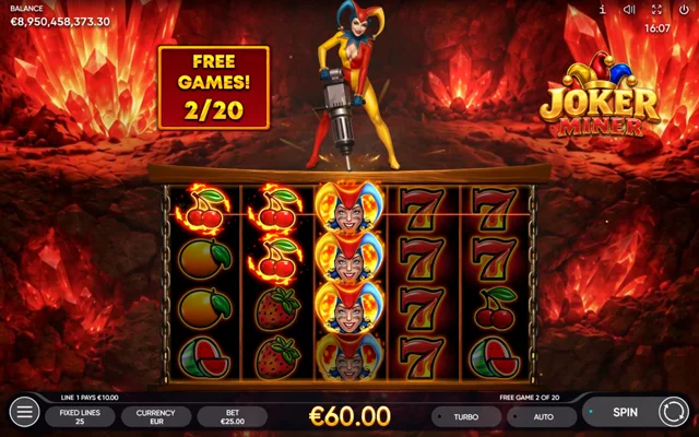 Joker Miner: Official Free Games illustration showing stacked Lady Joker Wilds. Any displayed balances or wins are examples, not our results.