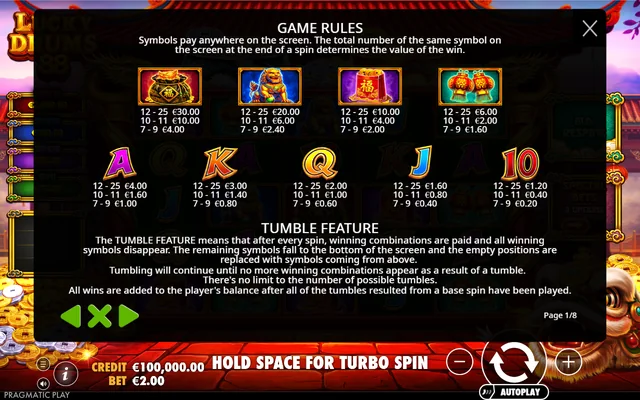 Lucky Drums 88 — symbol paytable and game rules