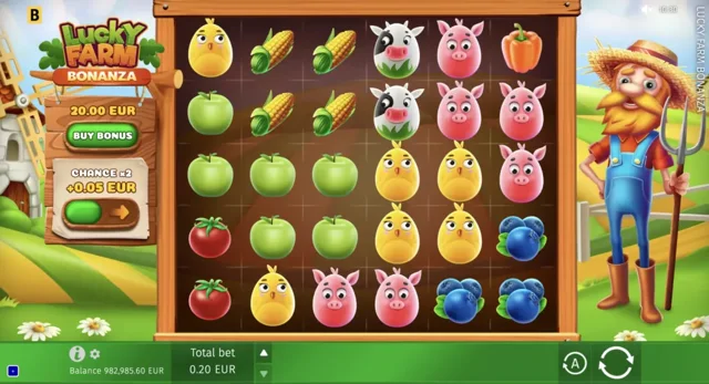 Lucky Farm Bonanza: official farm-animal and produce grid.