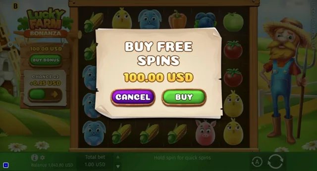 Lucky Farm Bonanza: official farm Free Spins purchase window.