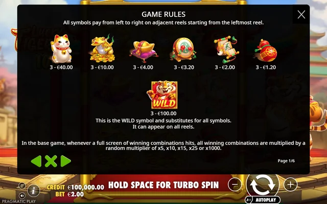 Lucky Tiger 1000 — symbol paytable and game rules