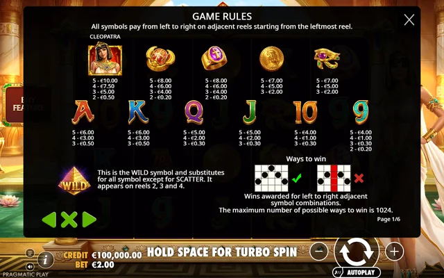 Luxor of Cleopatra — symbol paytable and game rules