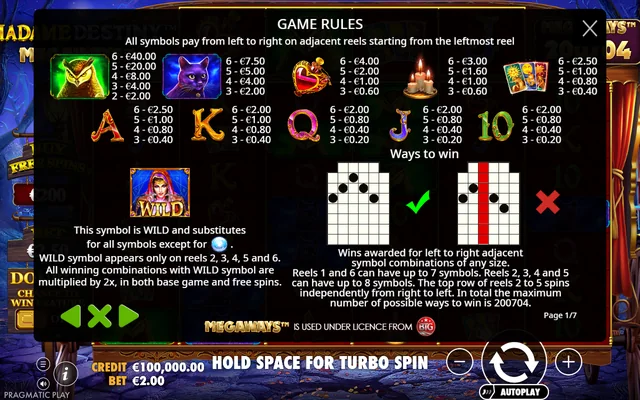 Madame Destiny Megaways — symbol paytable and game rules