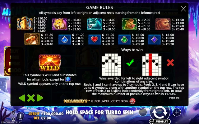 Mammoth Gold Megaways — symbol paytable and game rules