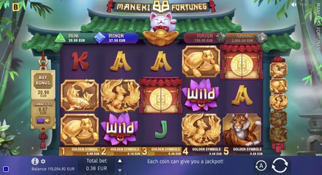 Maneki 88 Fortunes: official Golden-symbol and Coin Wild layout.