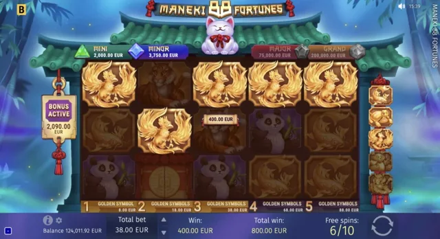 Maneki 88 Fortunes: official Golden-symbol Free Spins board.