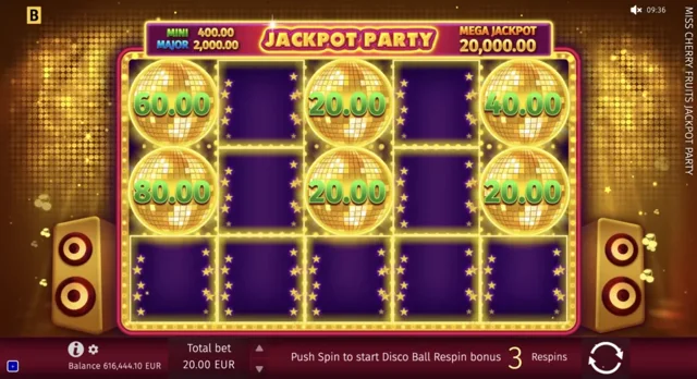 Miss Cherry Fruits Jackpot Party: official Disco Ball held-symbol feature.