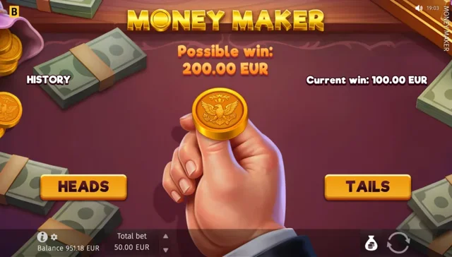 Money Maker: official optional coin-flip Gamble screen.