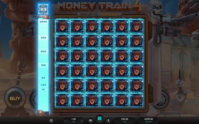 Money Train 4: the six-by-six Cash It board and the multiplier ladder in an official Relax Gaming example. The full screen and displayed win are illustrative, not typical results.