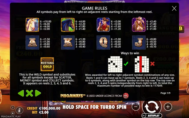 Mustang Gold Megaways — symbol paytable and game rules