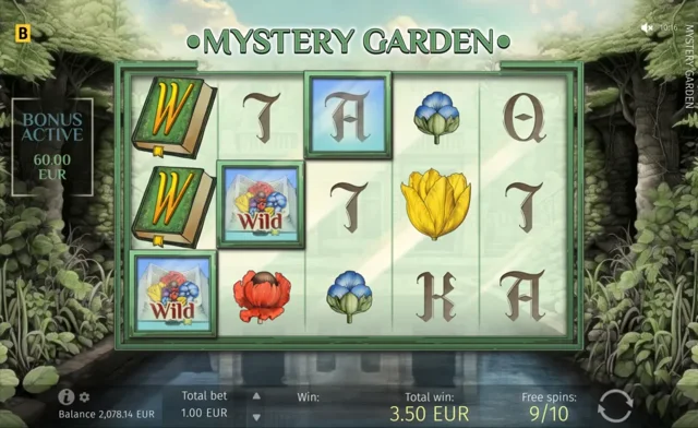 Mystery Garden: official Free Spins example with framed winning combinations.