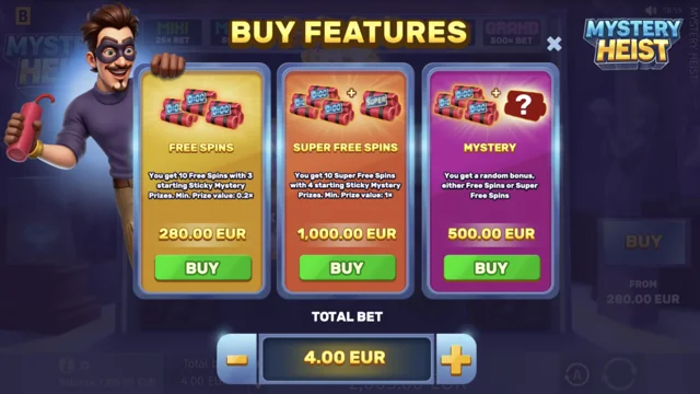 Mystery Heist: official feature purchase menu.