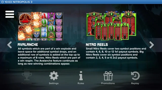 Nitropolis 3: the paytable explains Avalanche drops and the extra symbol positions inside Nitro Reels
