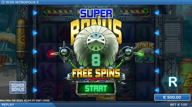 Nitropolis 3: the Super Bonus entry shown in the studio replay begins with eight free spins. The displayed result is illustrative.
