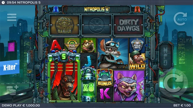 Nitropolis 5: the main reels, Nitro symbols and Boss Battle meter are visible together