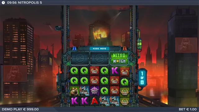 Nitropolis 5: a bonus-game example with an expanded reel area and Nitro Watch