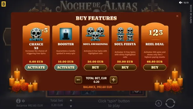 Noche de Almas: official feature-menu illustration; prices belong to the example configuration shown.