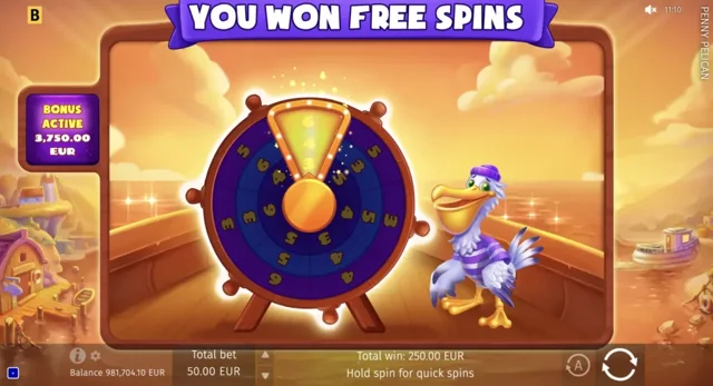Penny Pelican: official Penny Pelican Free Spins allocation wheel.