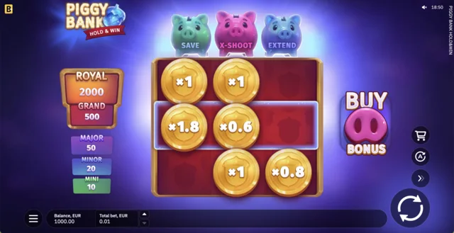 Piggy Bank Hold&Win: official Coin-populated three-by-three field.