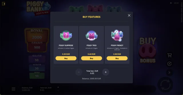 Piggy Bank Hold&Win: official three-option bonus purchase menu.