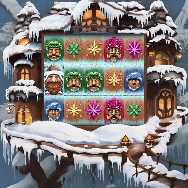 Pine of Plinko 2: the frozen village reel layout, character heads and coloured gem symbols. Official Print Studios game image.