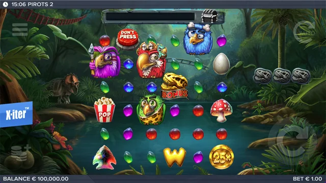 Pirots 2: the birds move among coloured gems and feature symbols rather than following conventional reel paylines