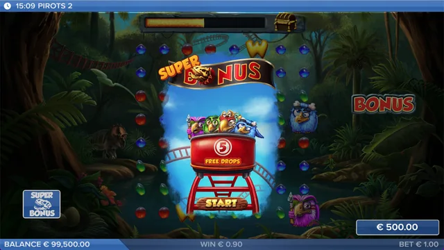 Pirots 2: the Super Bonus entry shown here begins with five free drops