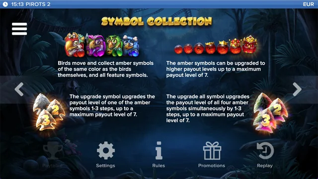 Pirots 2: the rules illustrate matching each bird to its gem colour and upgrading the gems through seven payout levels