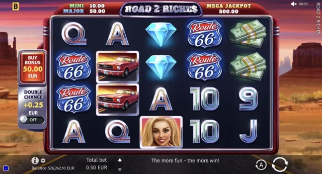 Road 2 Riches: official Route 66 base-game reel layout.