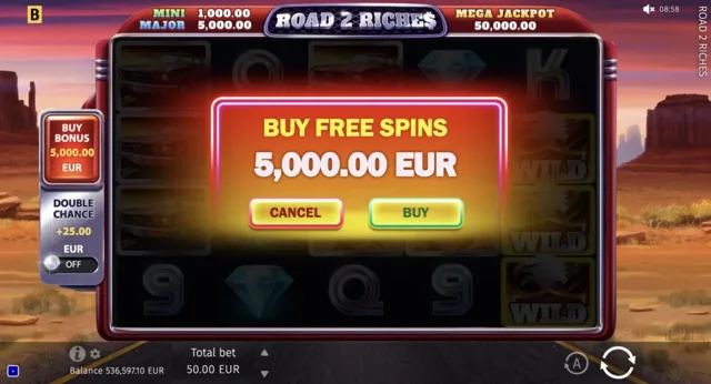 Road 2 Riches: official road-trip Free Spins purchase window.