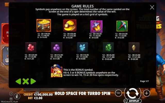 Rolling in Treasures — symbol paytable and game rules