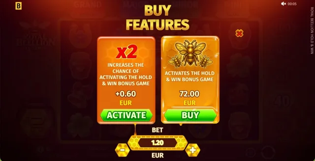 Royal Beellion Hold & Win: official feature-entry and Chance x2 menu.