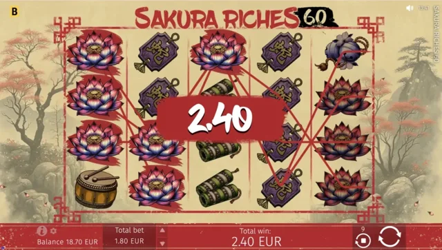 Sakura Riches 60: official highlighted line-win example.