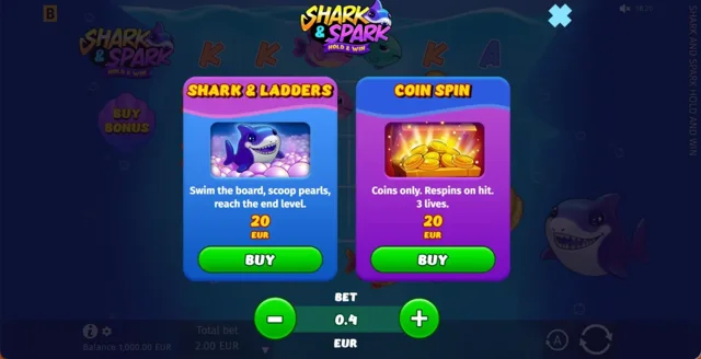 Shark & Spark Hold & Win: official two-bonus purchase menu.