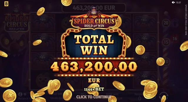 Spider Circus Hold and Win: illustrative studio celebration screen; this is not our gambling result or a promised return.