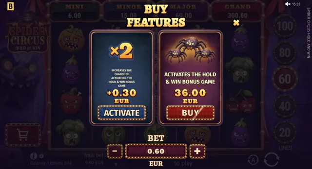 Spider Circus Hold and Win: official feature-menu illustration; prices belong to the example configuration shown.