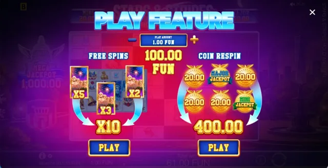 Stars & Stripes Hold and Win: official social-casino Play Feature menu.